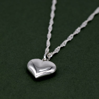 Sterling Silver Puffed Heart Pendant Necklace on Singapore Chain
