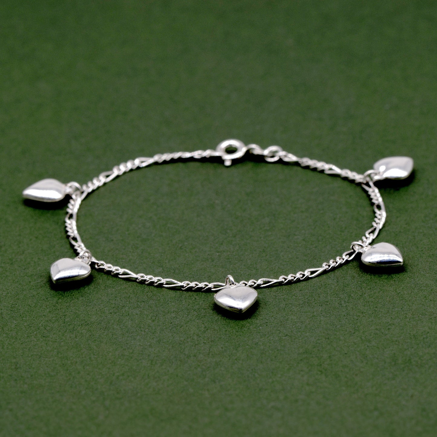 Sterling Silver 5 Puffed Heart Charm on Figaro Chain Bracelet 7.5"
