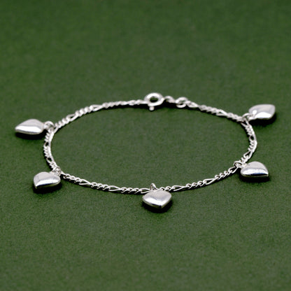 Sterling Silver 5 Puffed Heart Charm on Figaro Chain Bracelet 7.5"