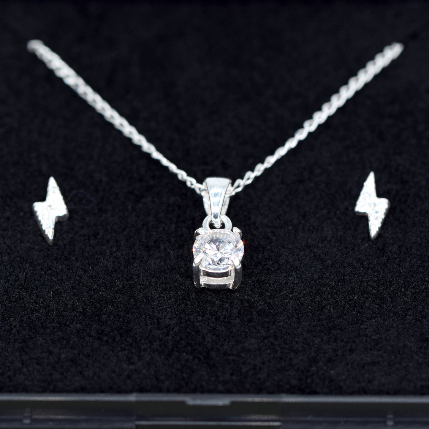 Sterling Silver Cubic Zircona Necklace & Bolt Earrings Gift Set