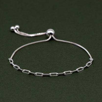 Sterling Silver Adjustable Slider Bracelet - 2.7mm Paperclip Chain on 1mm Box Chain