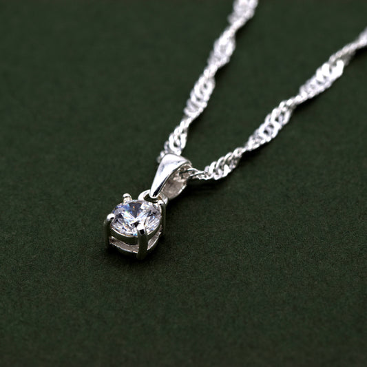 Sterling Silver Cubic Zirconia Round Pendant Necklace on Singapore Chain