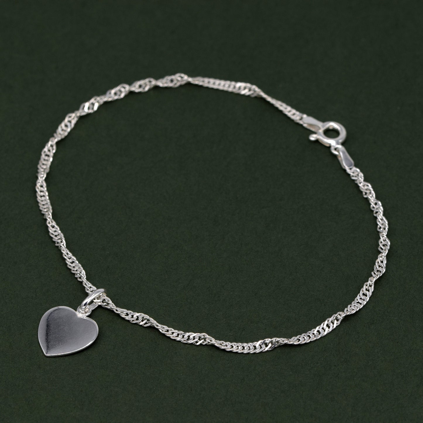 Sterling Silver 10" Singapore Chain Anklet With Flat Heart Pendant