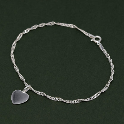 Sterling Silver 10" Singapore Chain Anklet With Flat Heart Pendant